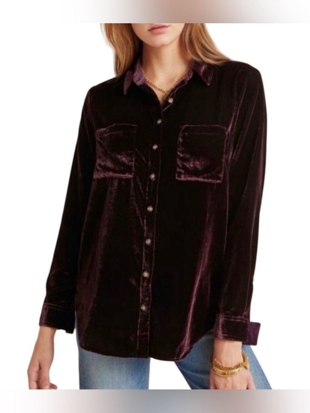 Maeve Velvet Button-Down Shirt in Deep Plum